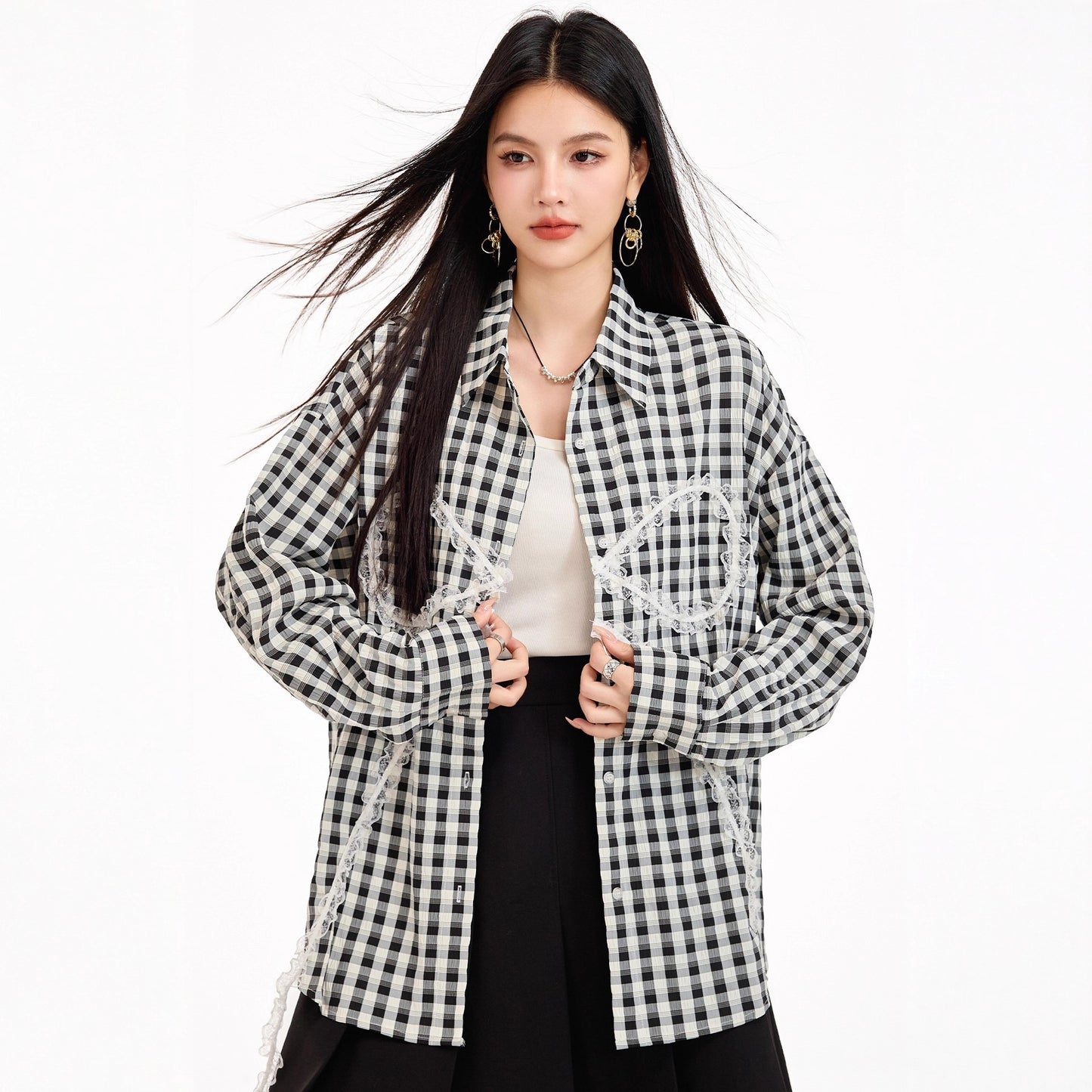 Sweet Lazy Korean-Style Design Black and White Checkered Bow Loose Shirt, Casual Lightweight Sun Protection Jacket for Women