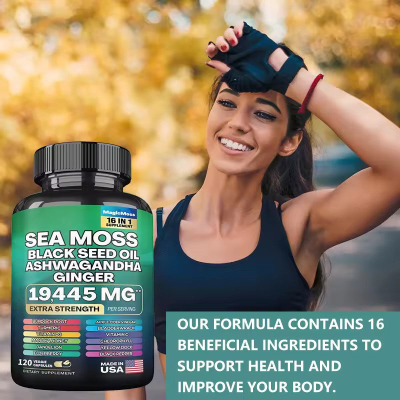 Sea Moss Black Seed Oil Ashwagandha Ginger Capsules, Black Pepper Vitamin C Vitamin D3, for Energy, Immune Health, 120 Capsules