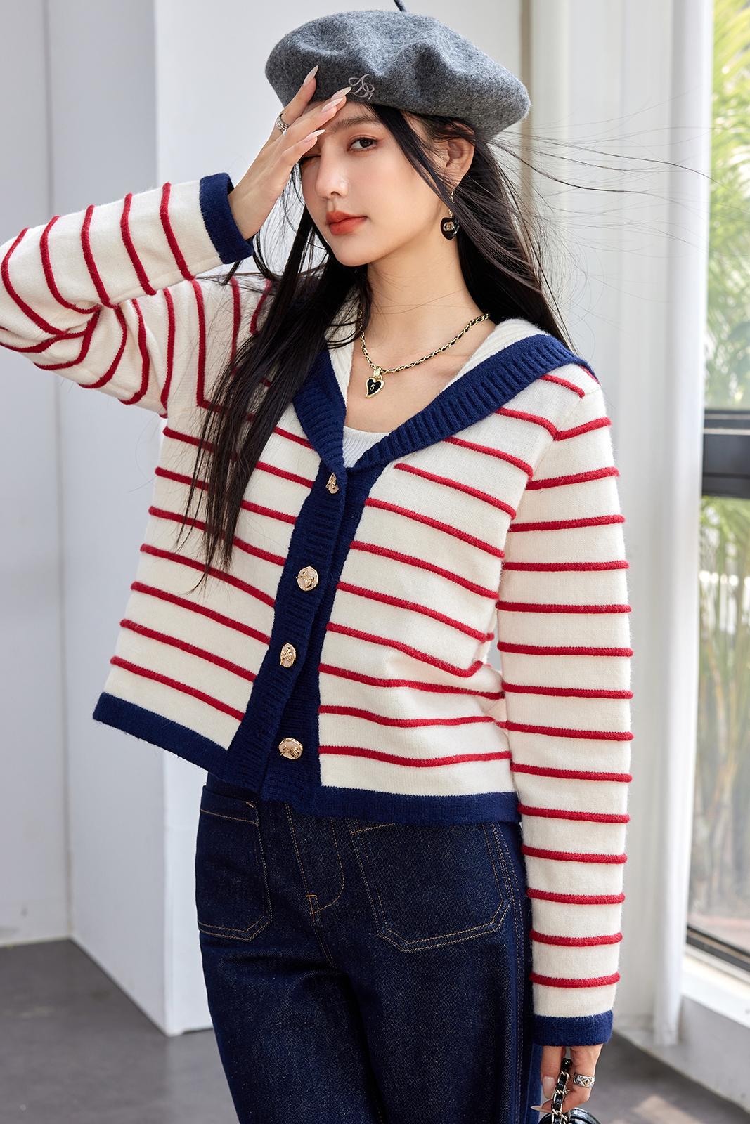 Fashion Style Type of Clothing Casual Navy Style Striped Knit Cardigan for Women, Autumn Pink Stripe Sweater Top