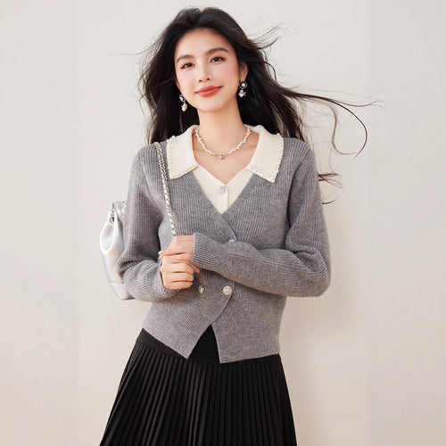 Chic  Knit Cardigan for Women with Turn-Down Collar and Fake Two-Piece Design, Short Sleeveless Sweater Coat