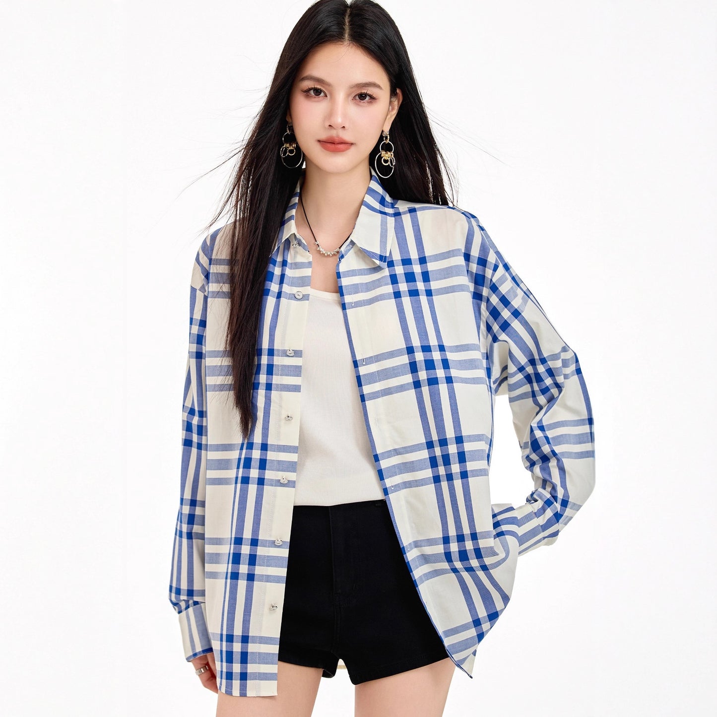Chic Blue Checkered Shirt Jacket for Women Striped Long Sleeve BlouseRelaxed Fit, Brightening Top