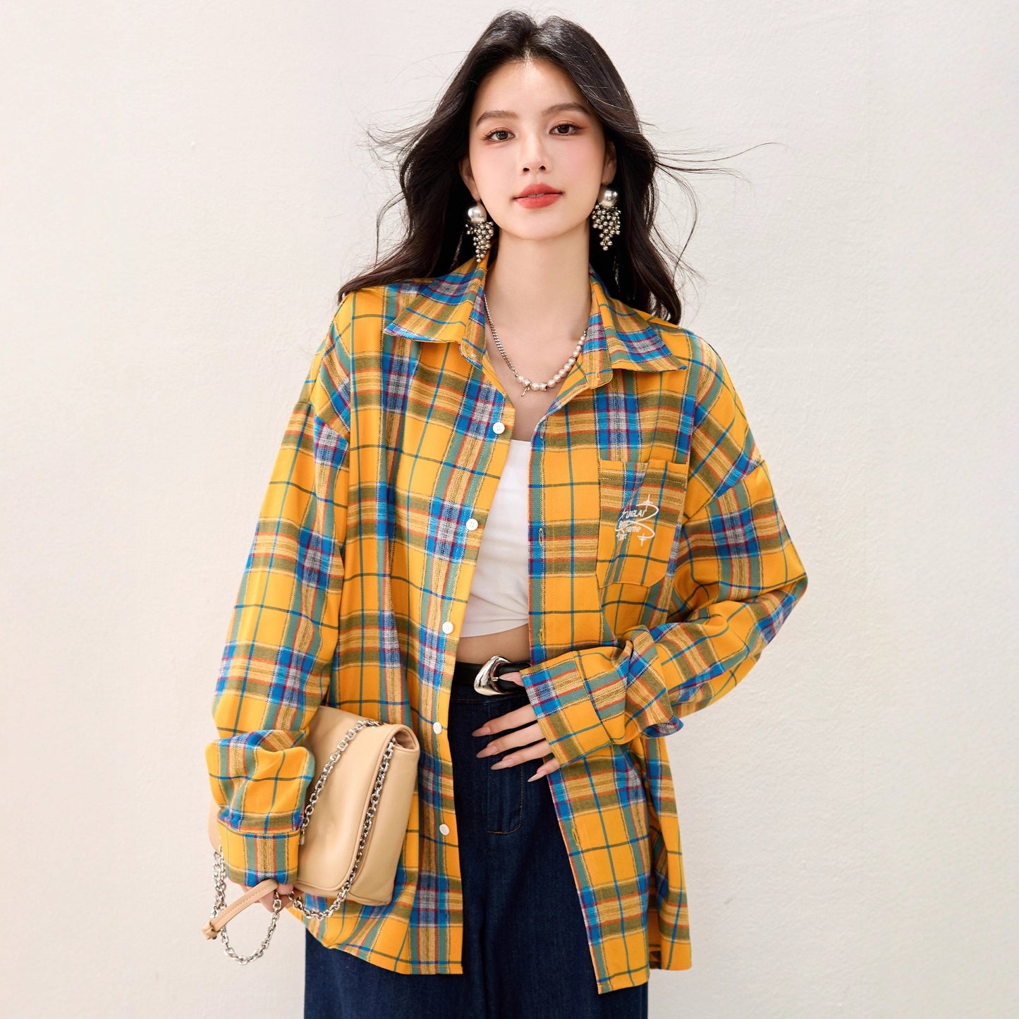 French Yellow Checkered Shirt Blousefor Women Summer Long Sleeve Sun Protection Top