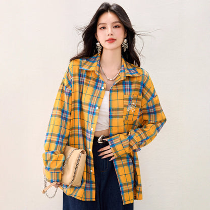 French Yellow Checkered Shirt Blousefor Women Summer Long Sleeve Sun Protection Top