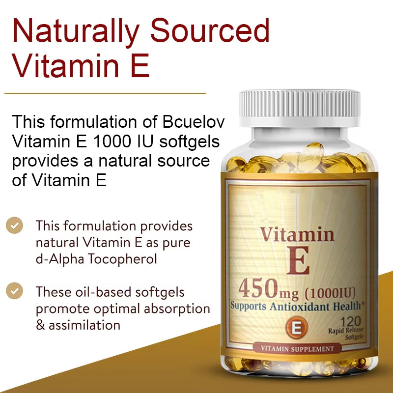 Vitamin E 1000 IU 450mg - for skin, hair, circulatory health, immune system support - antioxidant supplement
