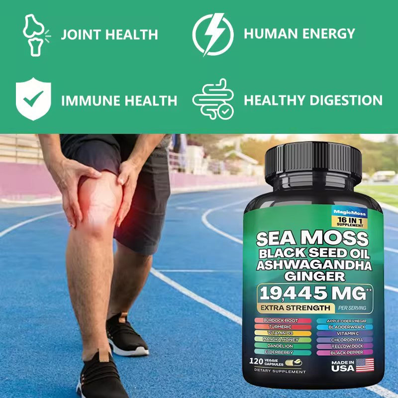 Sea Moss Black Seed Oil Ashwagandha Ginger Capsules, Black Pepper Vitamin C Vitamin D3, for Energy, Immune Health, 120 Capsules