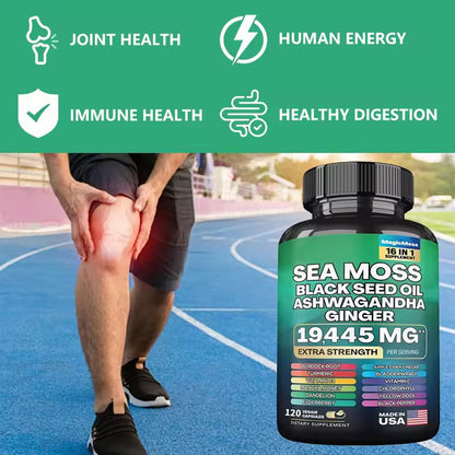 Sea Moss Black Seed Oil Ashwagandha Ginger Capsules, Black Pepper Vitamin C Vitamin D3, for Energy, Immune Health, 120 Capsules