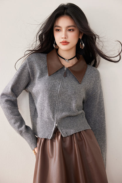 Knitted Cardigan with Polo Neck, Retro Loose Fit, Patchwork Design, Women's Outerwear