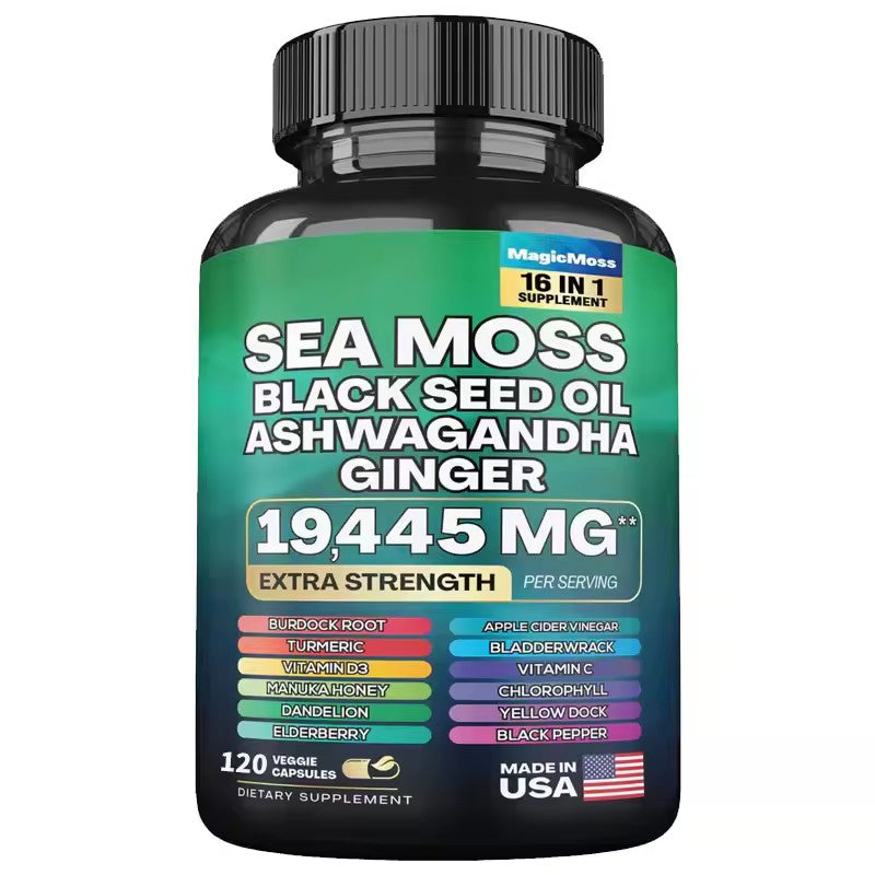 Sea Moss Black Seed Oil Ashwagandha Ginger Capsules, Black Pepper Vitamin C Vitamin D3, for Energy, Immune Health, 120 Capsules