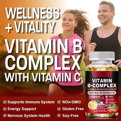 Vitamin B Complex Supplement, Rich in B1, B2, B3, B5, B6, Biotin, Strength Energy, Support Brain & Heart, Promote Metabolism