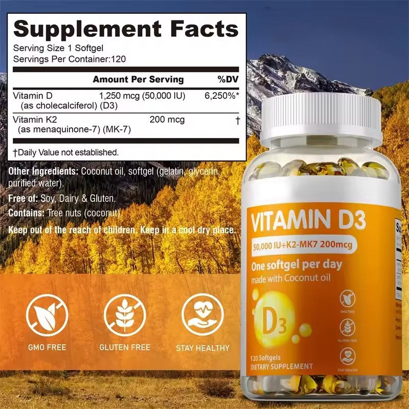 Vitamin D3+K2 Supplement To Support Joint, Bone and Immune Health Non-GMO Formula Easy-to-swallow Vitamin D & K Complex