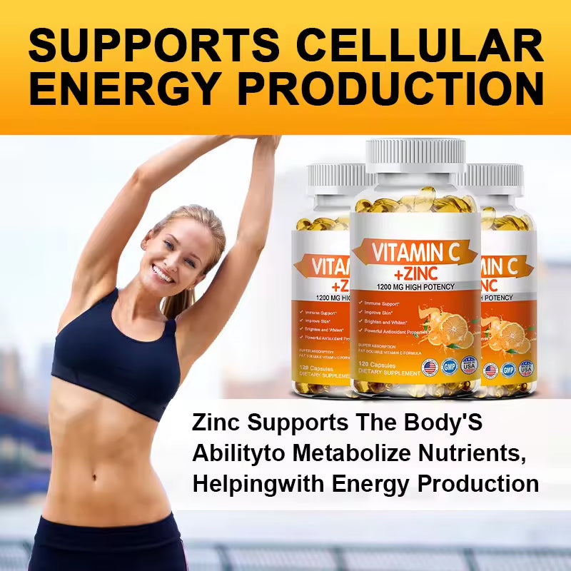 Vitamin C + Zinc Capsules - Immune System Booster Antioxidant Helps Improve Skin Brightening Supports Cellular Energy Production