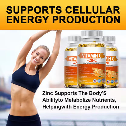 Vitamin C + Zinc Capsules - Immune System Booster Antioxidant Helps Improve Skin Brightening Supports Cellular Energy Production