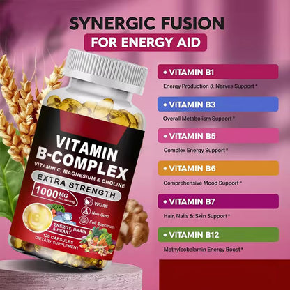 Vitamin B Complex Supplement, Rich in B1, B2, B3, B5, B6, Biotin, Strength Energy, Support Brain & Heart, Promote Metabolism