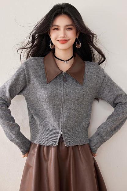 Knitted Cardigan with Polo Neck, Retro Loose Fit, Patchwork Design, Women's Outerwear