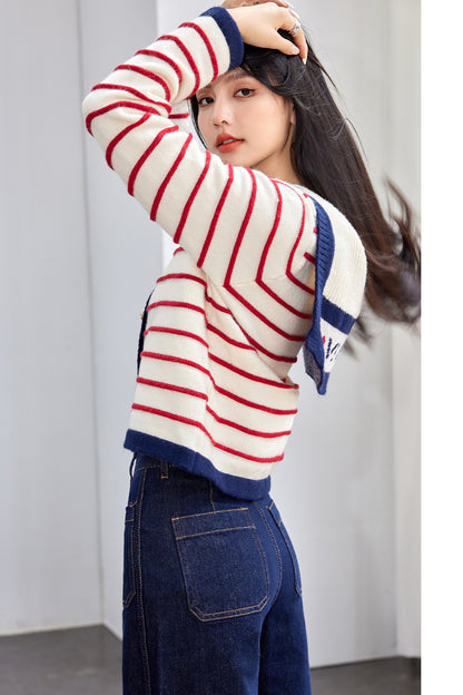 Fashion Style  Type of Clothing  Casual Navy Style Striped Knit Cardigan for Women, Autumn Pink Stripe Sweater Top