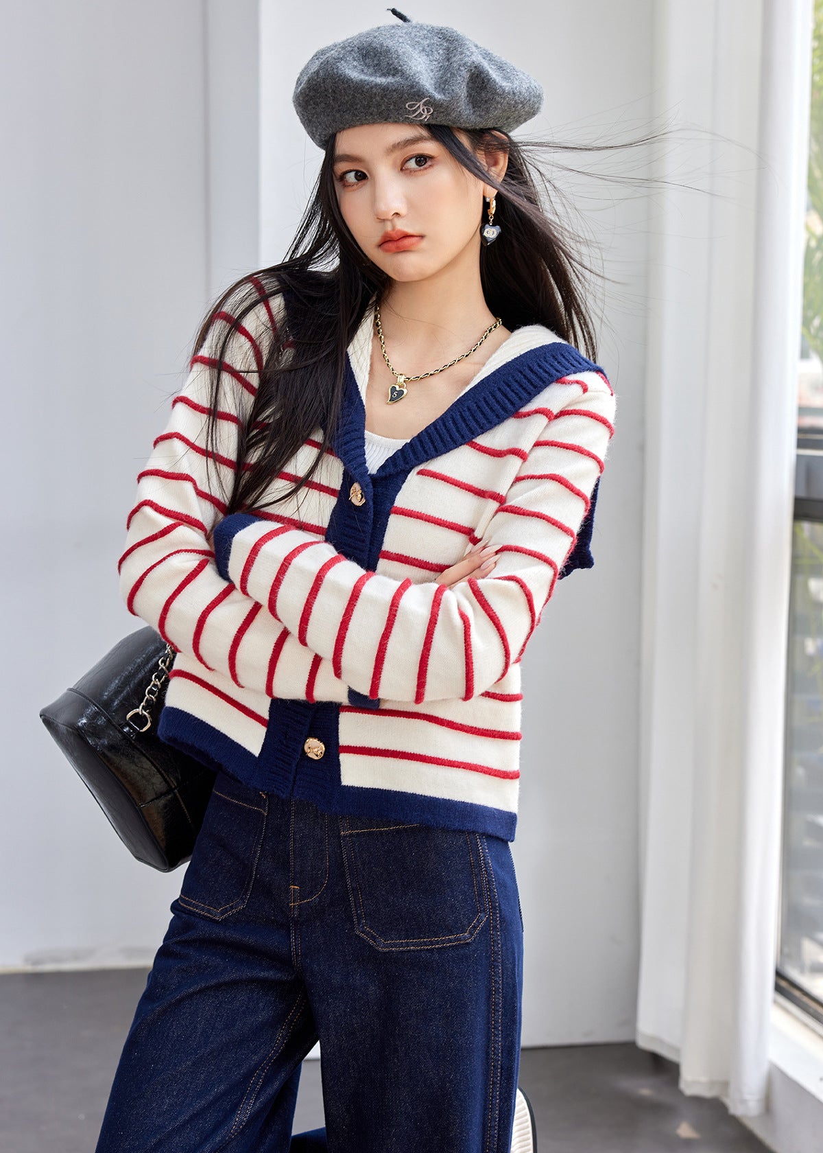 Fashion Style  Type of Clothing  Casual Navy Style Striped Knit Cardigan for Women, Autumn Pink Stripe Sweater Top