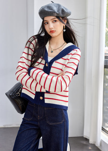 Fashion Style  Type of Clothing  Casual Navy Style Striped Knit Cardigan for Women, Autumn Pink Stripe Sweater Top