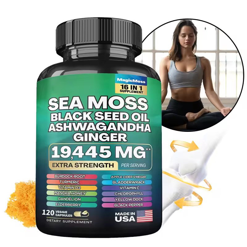 Sea Moss Black Seed Oil Ashwagandha Ginger Capsules, Black Pepper Vitamin C Vitamin D3, for Energy, Immune Health, 120 Capsules