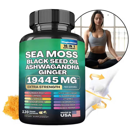 Sea Moss Black Seed Oil Ashwagandha Ginger Capsules, Black Pepper Vitamin C Vitamin D3, for Energy, Immune Health, 120 Capsules