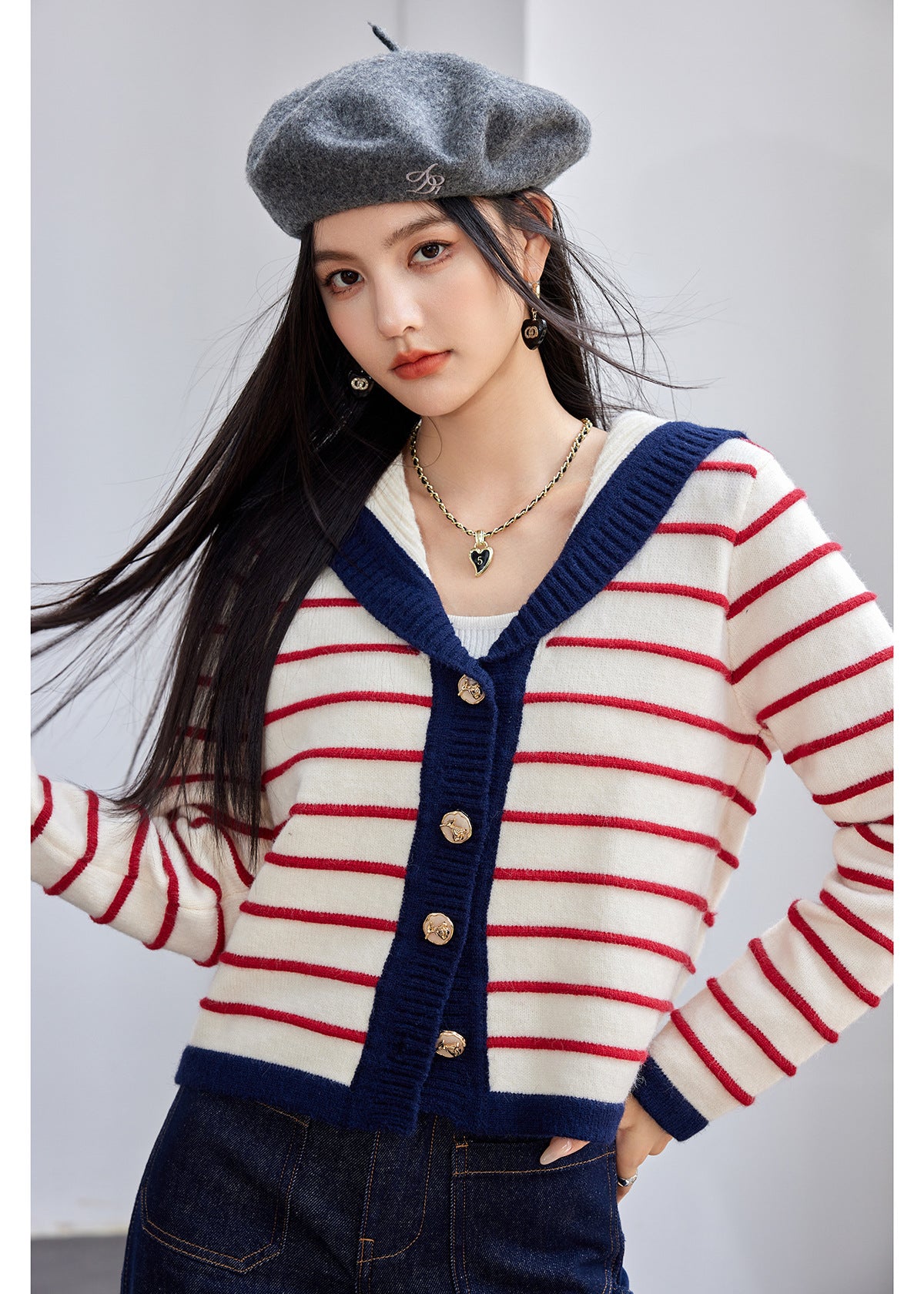 Fashion Style  Type of Clothing  Casual Navy Style Striped Knit Cardigan for Women, Autumn Pink Stripe Sweater Top