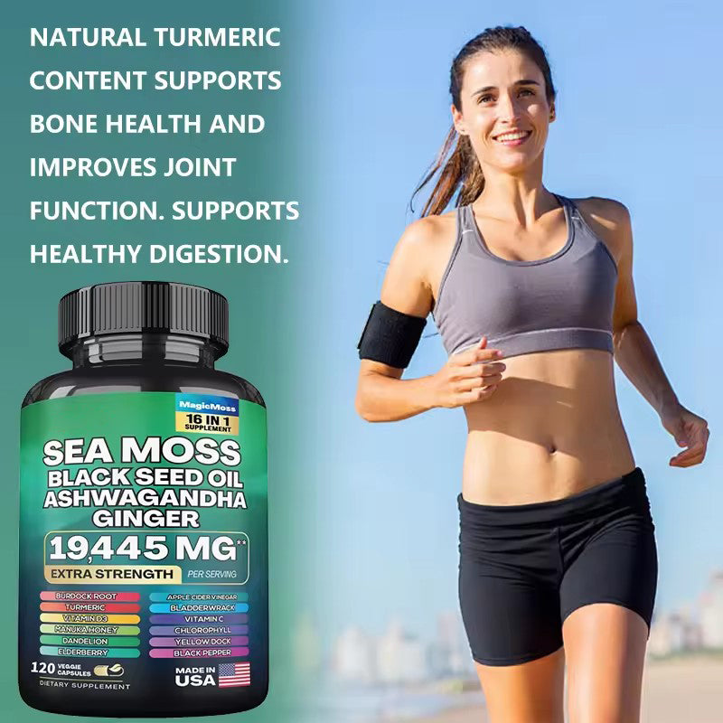 Sea Moss Black Seed Oil Ashwagandha Ginger Capsules, Black Pepper Vitamin C Vitamin D3, for Energy, Immune Health, 120 Capsules