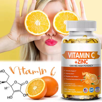 Vitamin C + Zinc Capsules - Immune System Booster Antioxidant Helps Improve Skin Brightening Supports Cellular Energy Production