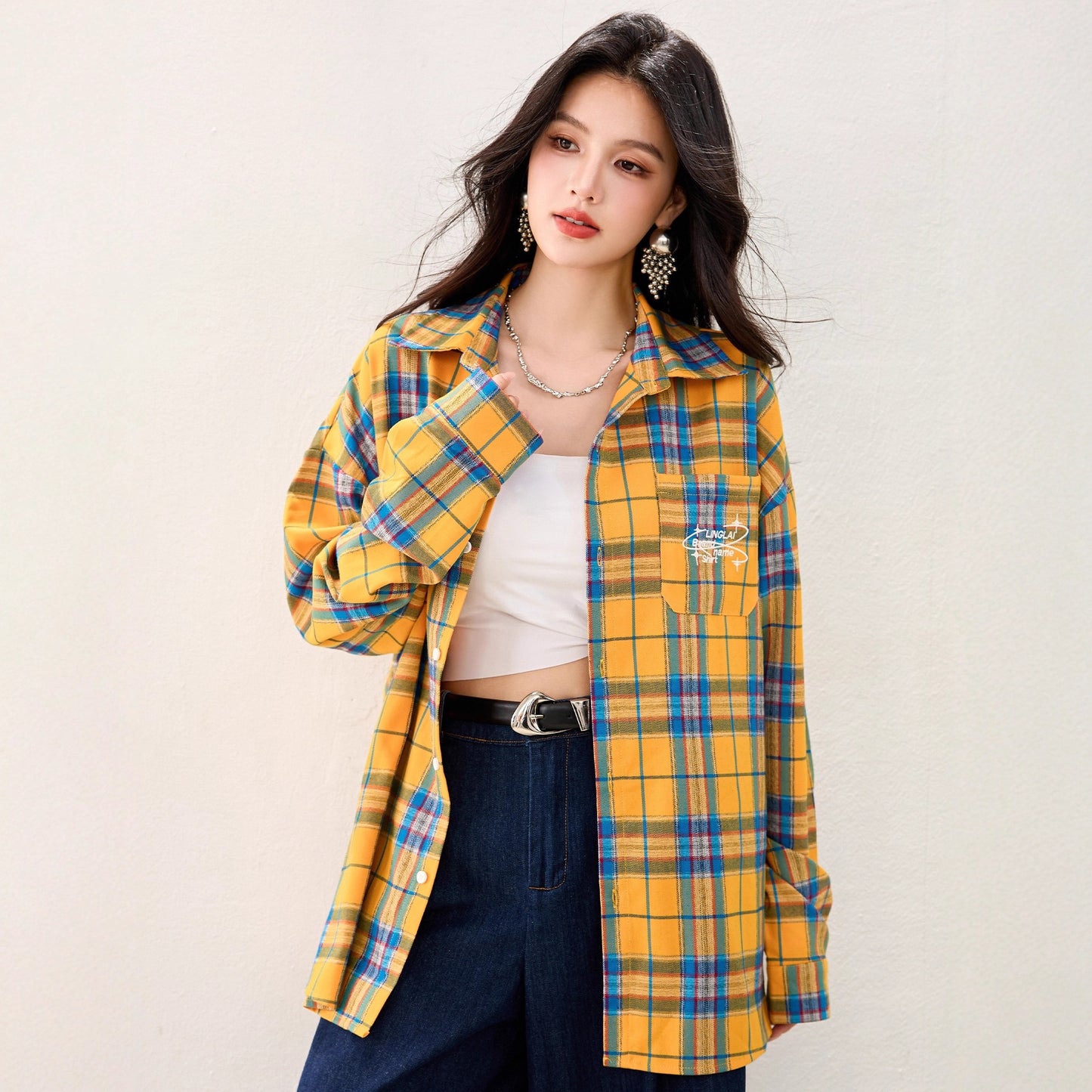 French Yellow Checkered Shirt Blousefor Women Summer Long Sleeve Sun Protection Top