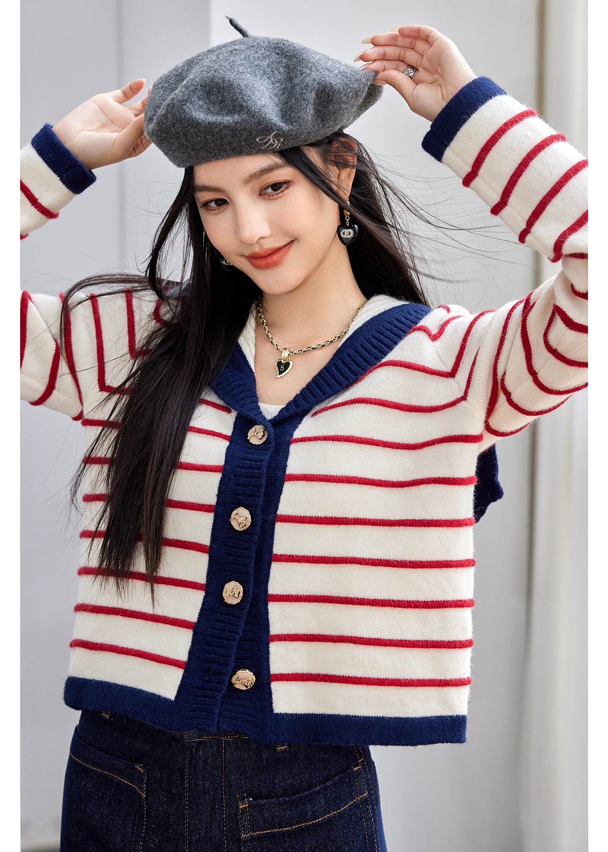 Fashion Style  Type of Clothing  Casual Navy Style Striped Knit Cardigan for Women, Autumn Pink Stripe Sweater Top