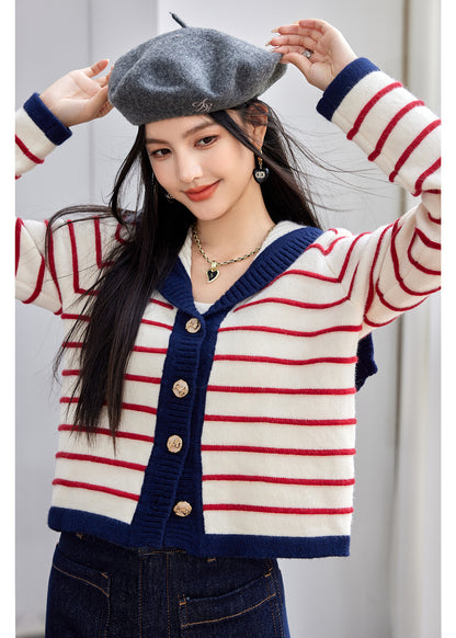 Fashion Style  Type of Clothing  Casual Navy Style Striped Knit Cardigan for Women, Autumn Pink Stripe Sweater Top