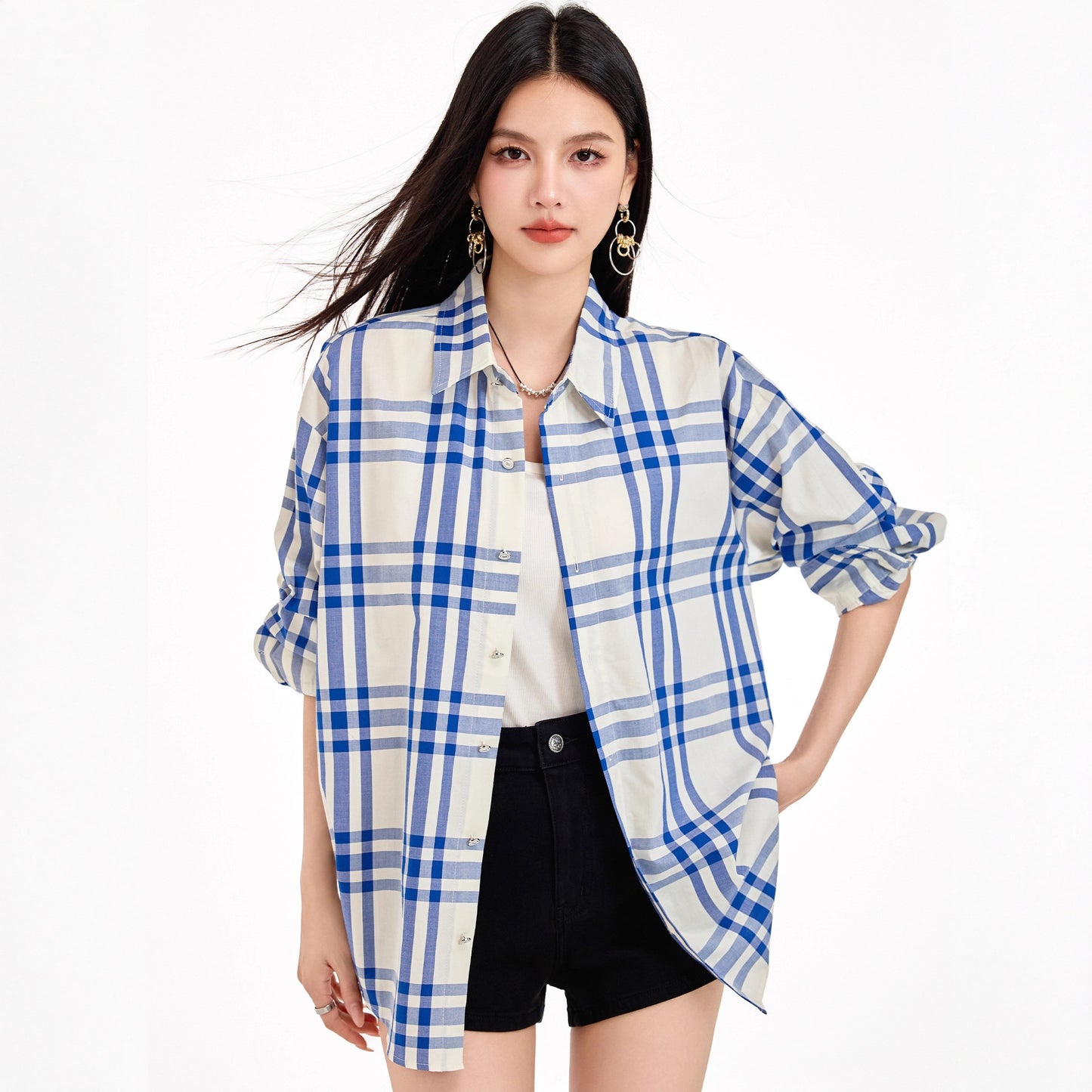 Chic Blue Checkered Shirt Jacket for Women Striped Long Sleeve BlouseRelaxed Fit, Brightening Top