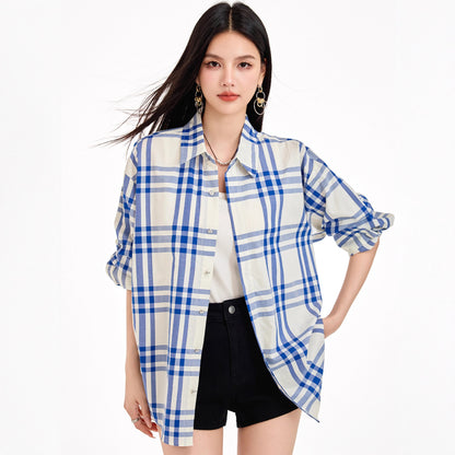 Chic Blue Checkered Shirt Jacket for Women Striped Long Sleeve BlouseRelaxed Fit, Brightening Top