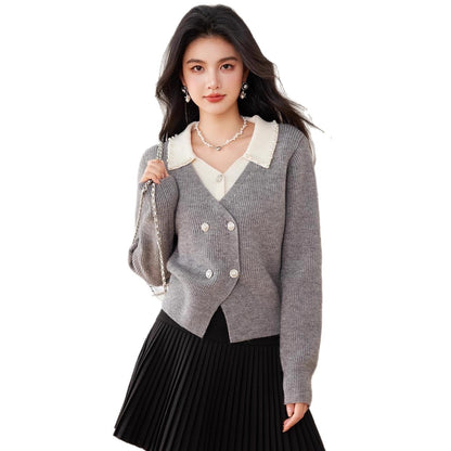 Chic  Knit Cardigan for Women with Turn-Down Collar and Fake Two-Piece Design, Short Sleeveless Sweater Coat