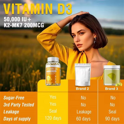 Vitamin D3+K2 Supplement To Support Joint, Bone and Immune Health Non-GMO Formula Easy-to-swallow Vitamin D & K Complex