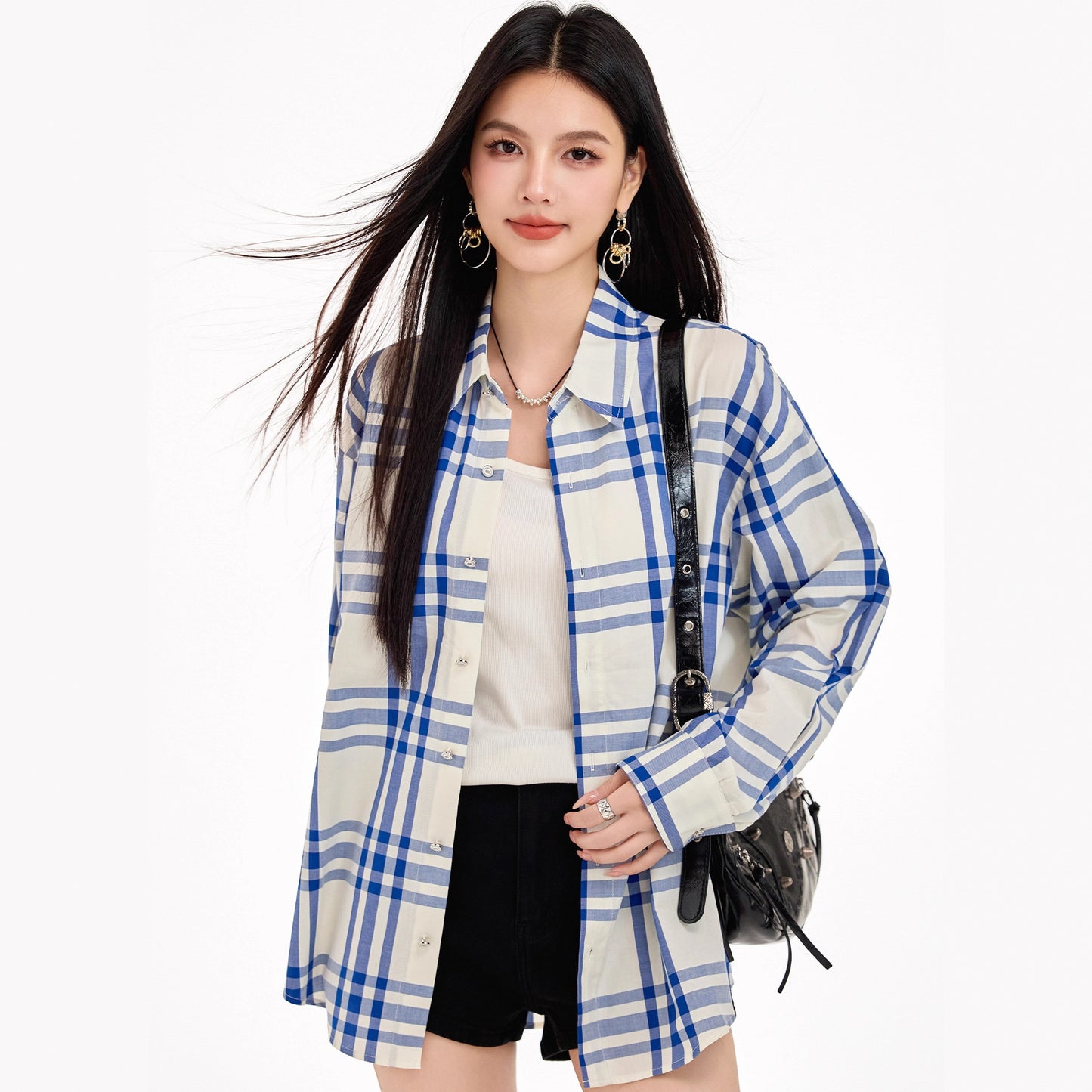 Chic Blue Checkered Shirt Jacket for Women Striped Long Sleeve BlouseRelaxed Fit, Brightening Top