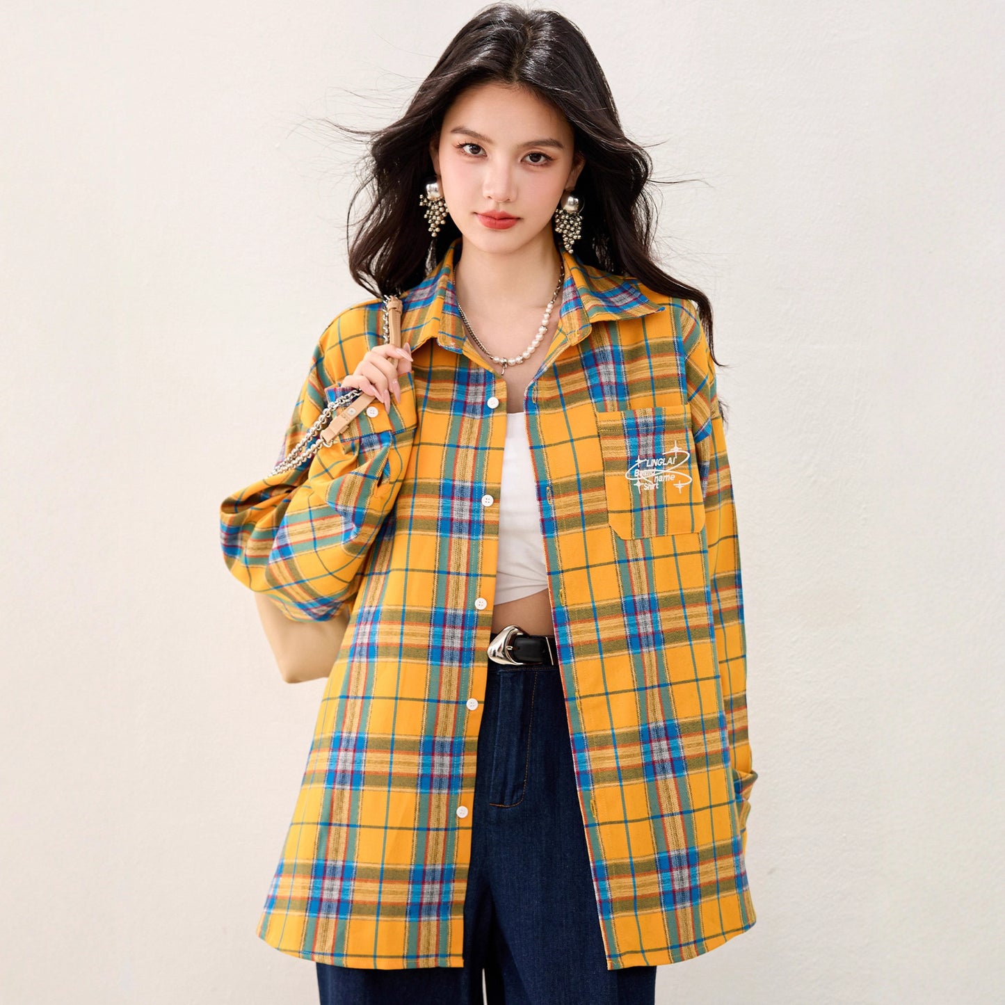 French Yellow Checkered Shirt Blousefor Women Summer Long Sleeve Sun Protection Top