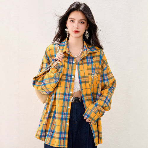 French Yellow Checkered Shirt Blousefor Women Summer Long Sleeve Sun Protection Top