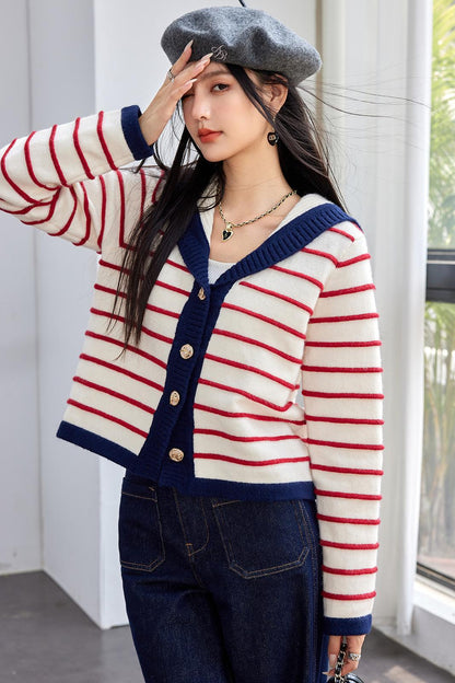 Fashion Style  Type of Clothing  Casual Navy Style Striped Knit Cardigan for Women, Autumn Pink Stripe Sweater Top