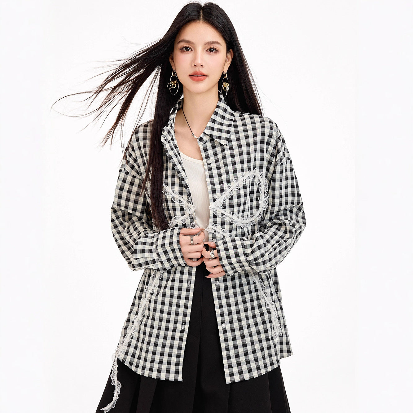 Sweet Lazy Korean-Style Design Black and White Checkered Bow Loose Shirt, Casual Lightweight Sun Protection Jacket for Women