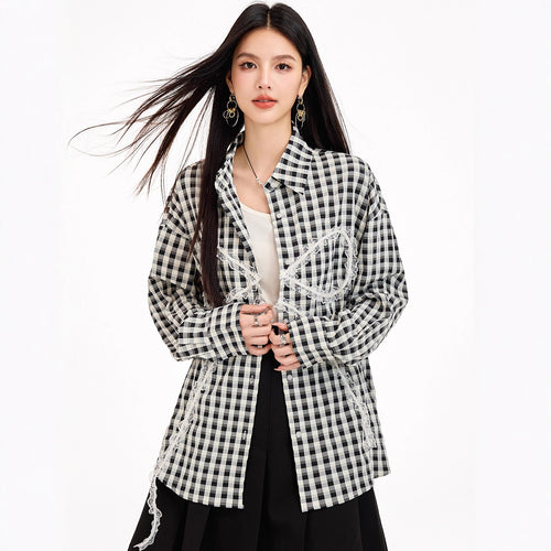 Sweet Lazy Korean-Style Design Black and White Checkered Bow Loose Shirt, Casual Lightweight Sun Protection Jacket for Women