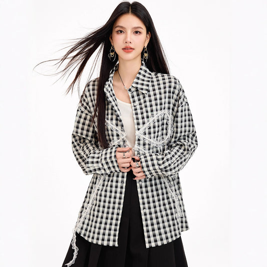 Sweet Lazy Korean-Style Design Black and White Checkered Bow Loose Shirt, Casual Lightweight Sun Protection Jacket for Women