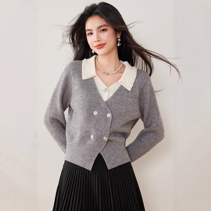 Chic  Knit Cardigan for Women with Turn-Down Collar and Fake Two-Piece Design, Short Sleeveless Sweater Coat