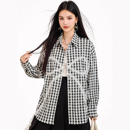 Sweet Lazy Korean-Style Design Black and White Checkered Bow Loose Shirt, Casual Lightweight Sun Protection Jacket for Women