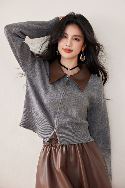 Knitted Cardigan with Polo Neck, Retro Loose Fit, Patchwork Design, Women's Outerwear