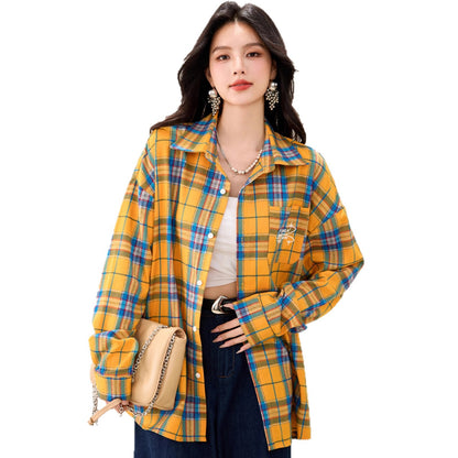 French Yellow Checkered Shirt Blousefor Women Summer Long Sleeve Sun Protection Top